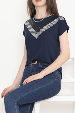 V Desen Pullu Bluz Lacivert - 17127.599. - 4