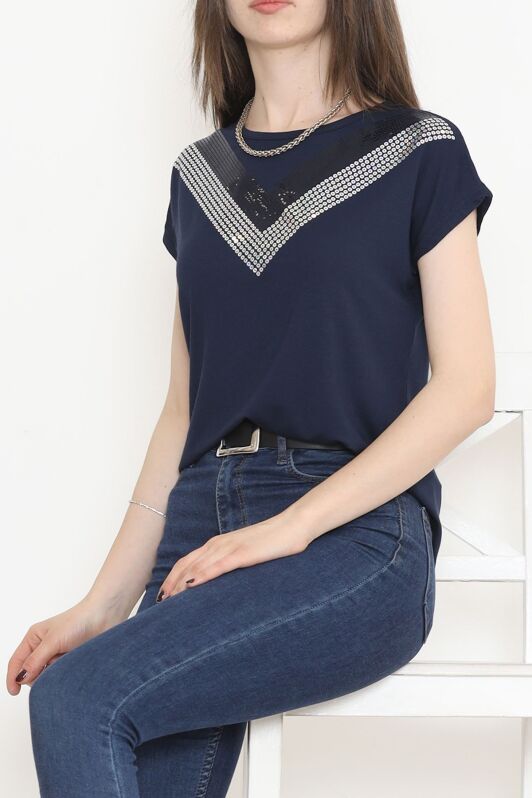 V Desen Pullu Bluz Lacivert - 17127.599. - 4