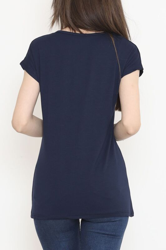 V Desen Pullu Bluz Lacivert - 17127.599. - 5