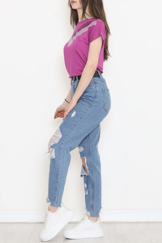 V Desen Pullu Bluz Mor - 17127.599. - 2