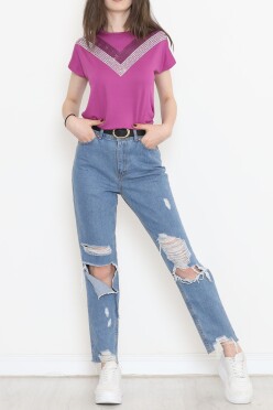 V Desen Pullu Bluz Mor - 17127.599. - 3