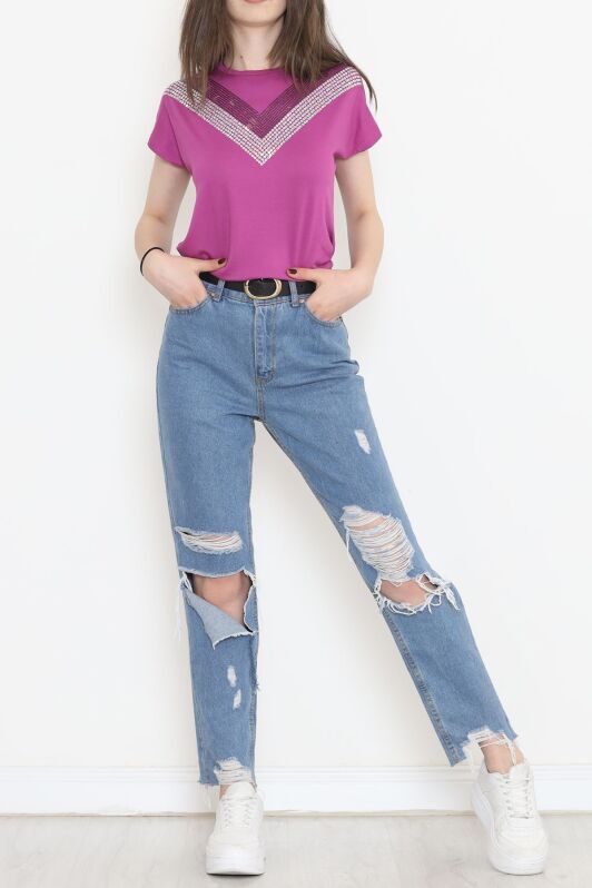 V Desen Pullu Bluz Mor - 17127.599. - 3