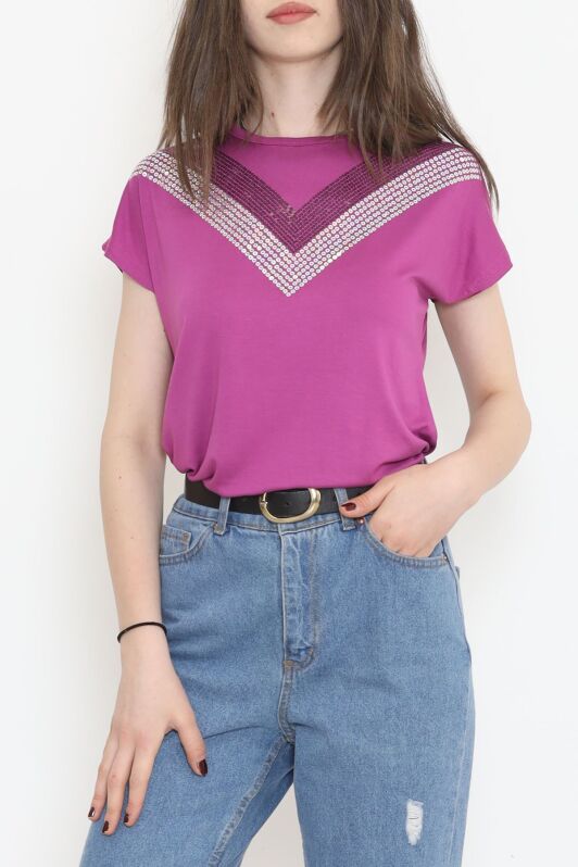 V Desen Pullu Bluz Mor - 17127.599. - 4