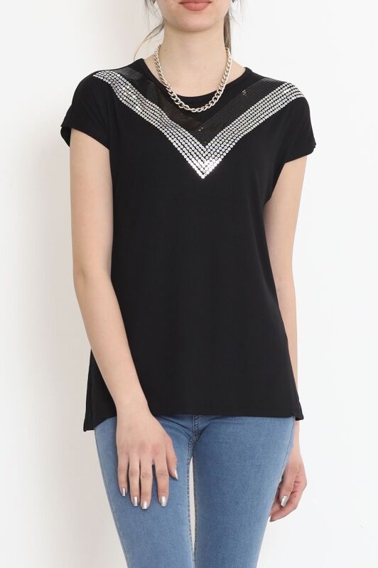 V Desen Pullu Bluz Siyah - 17127.599. - 1