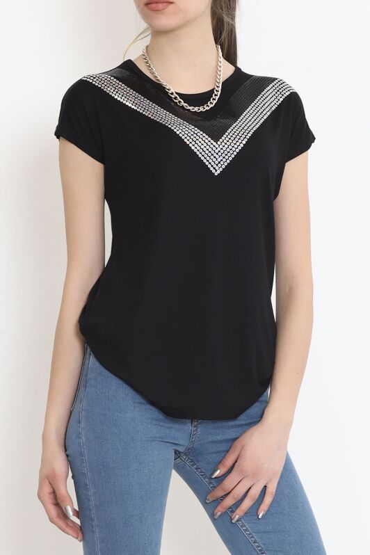 V Desen Pullu Bluz Siyah - 17127.599. - 2