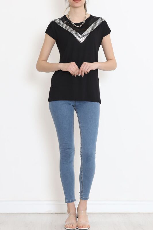 V Desen Pullu Bluz Siyah - 17127.599. - 4
