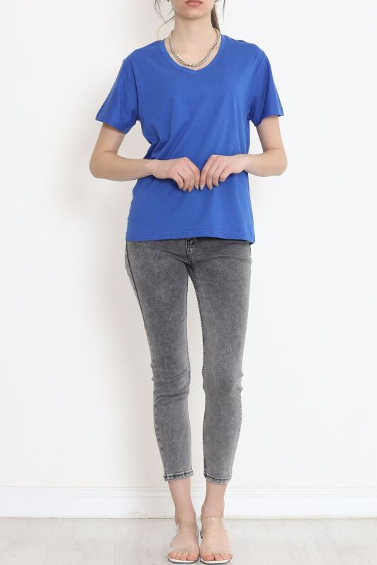 V Yaka Tişört Saks - 3644.105. - 4